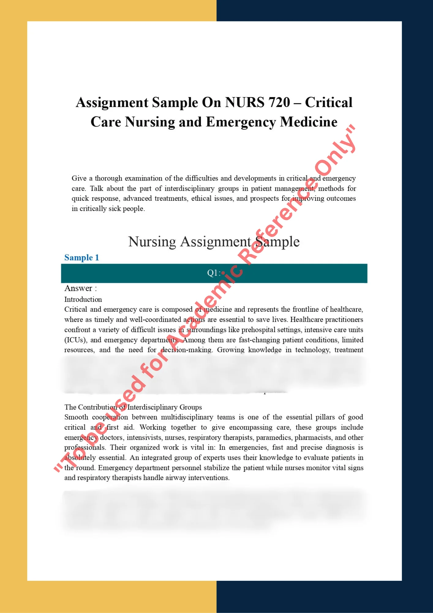Assignment Sample On NURS 720 – Critical Care Nursing and Emergency Medicine 0